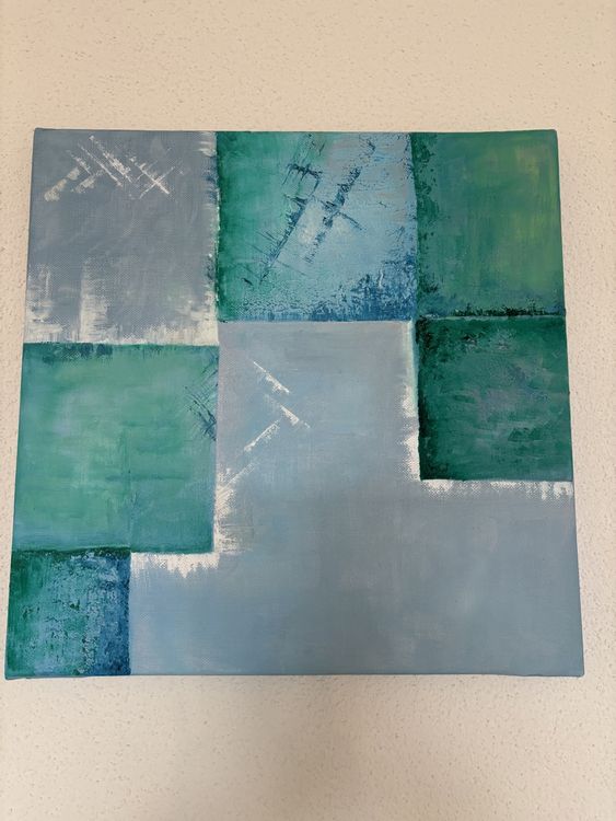 Abstract acrylic painting in green and grey tones 1